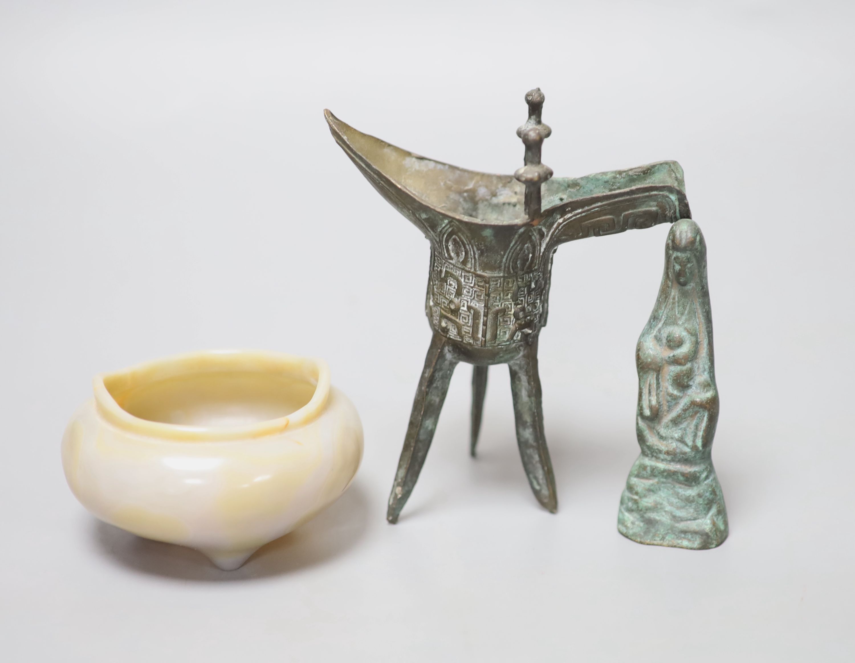 A hardstone censer, a Chinese bronze deity and a bronze jue, tallest 13cm,